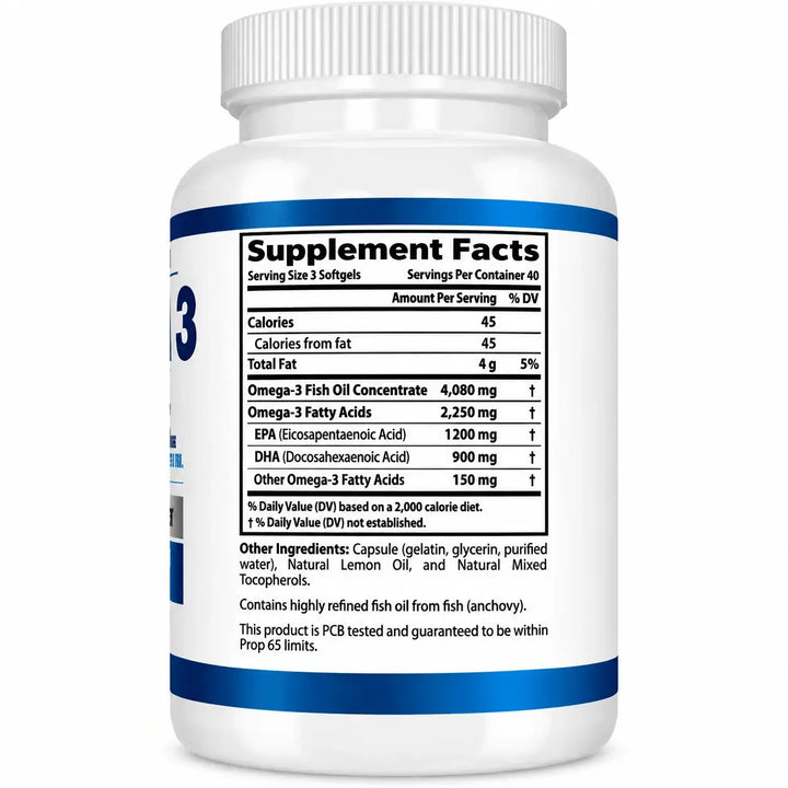 Etiqueta posterior del Omega 3 Fish Oil con la información nutricional completa