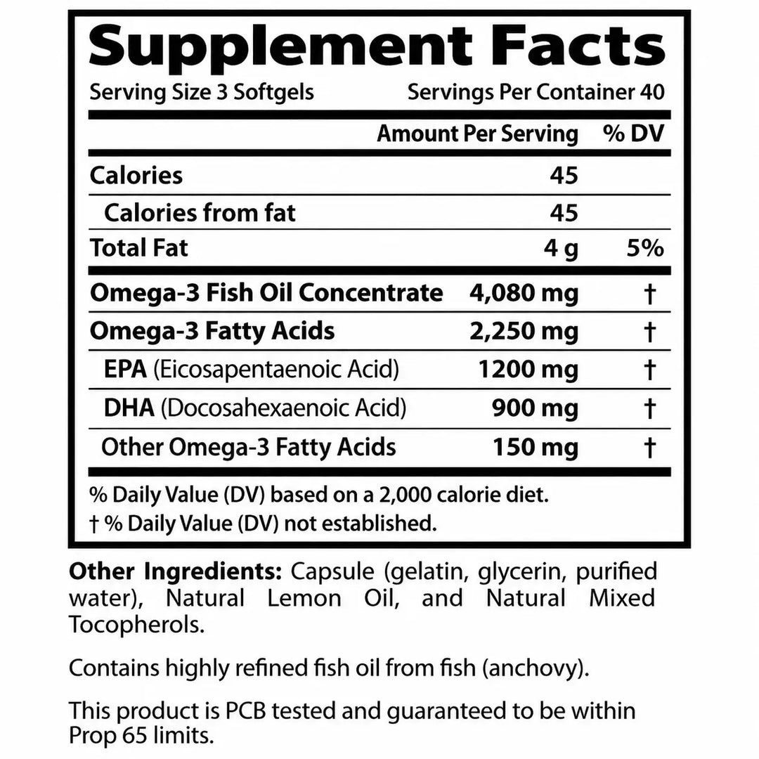 Tabla nutricional del Omega 3: 4.080 mg de aceite de pescado, 1.200 mg EPA y 900 mg DHA por porción